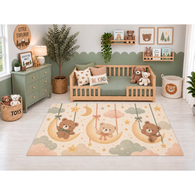 Tapis d'intérieur ultramince 152 x 213 cm (5' x 7') à motif d'ourson sur croissants de lune, idéal pour la chambre d'enfant, la garderie, la salle de classe et la salle de jeux. Doux et à poils courts, avec revêtement antidérapant en silicone.