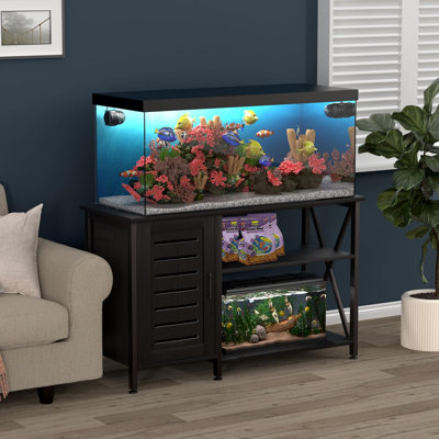 Support d'aquarium de 55 à 75 gallons, support d'aquarium avec prises de courant et armoire pour le rangement des accessoires d'aquarium, cadre en métal robuste, plateau de table de L 52 po x l 19,68 po, capacité de 1200 lb, noir 80AC91E573804BB1B9F0B75A21D0C756