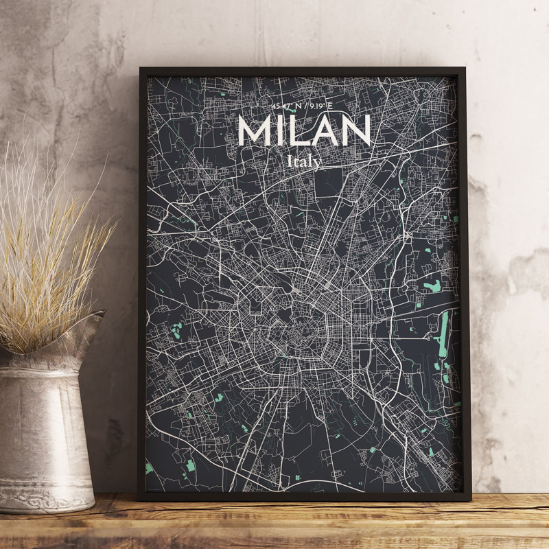 Milan City Map - Unframed Graphic Art Print on Paper, 43.2cm H x 27.9cm W x 0.13cm D, Black