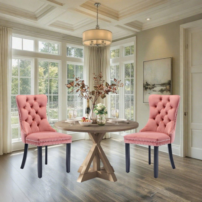 Friedrun Velvet Dining Chair Tufted Dining Room Chair with Solid Wood Leg, Pink