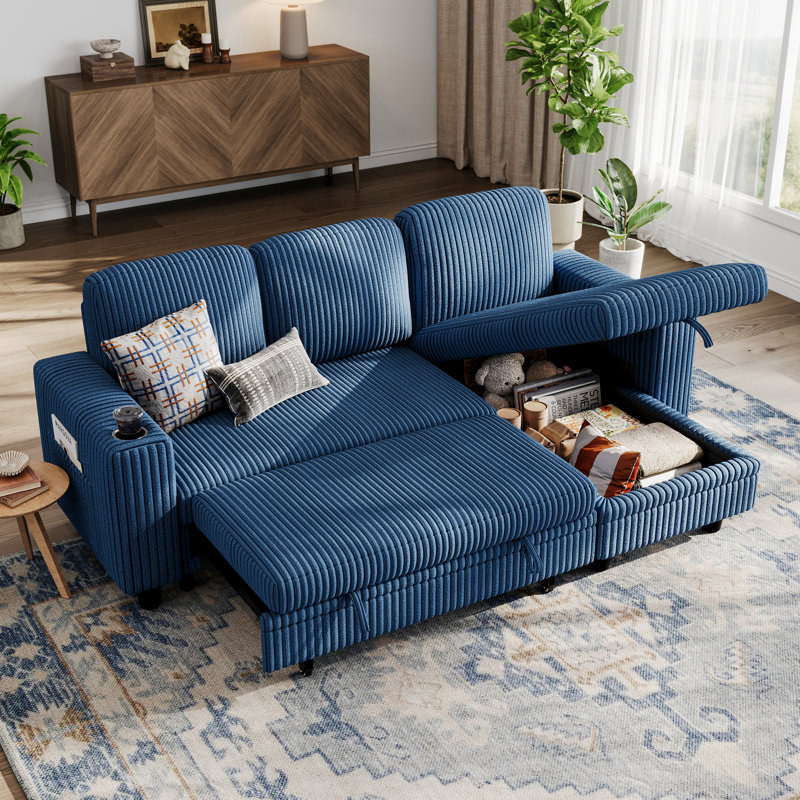 Sherry 81'' Upholstered Modular Sectionals with Pull Out Sofa,Storage Chaise,USB Charging & Cup Holders, Soren Navy Corduroy