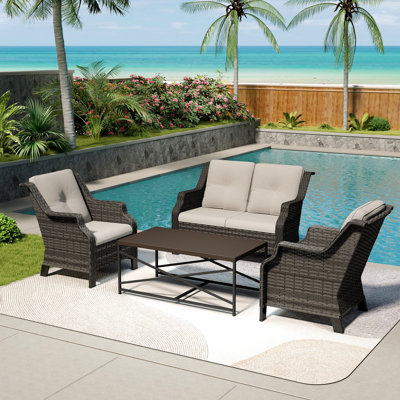 4-Pieces Wicker Outdoor Patio Furniture Sets Rattan Chair Wicker Set with Beige Cushion