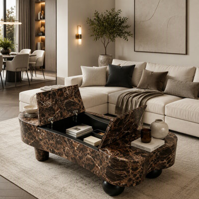 47.2" Faux Travertine Irregular Coffee Table with Hidden Storage, Natural Walnut