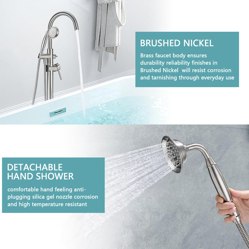 2 Handle Floor Clawfoot Tub Faucet with Diverter, Brushed Nickel