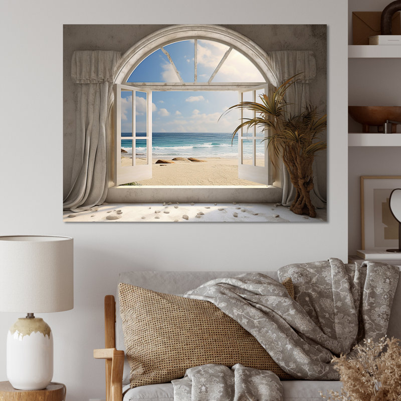 Vue de l'océan par une fenêtre blanche ouverte - art mural encadré côtier, Toile tendue, H 34 po x l 44 po x P 1,5 po