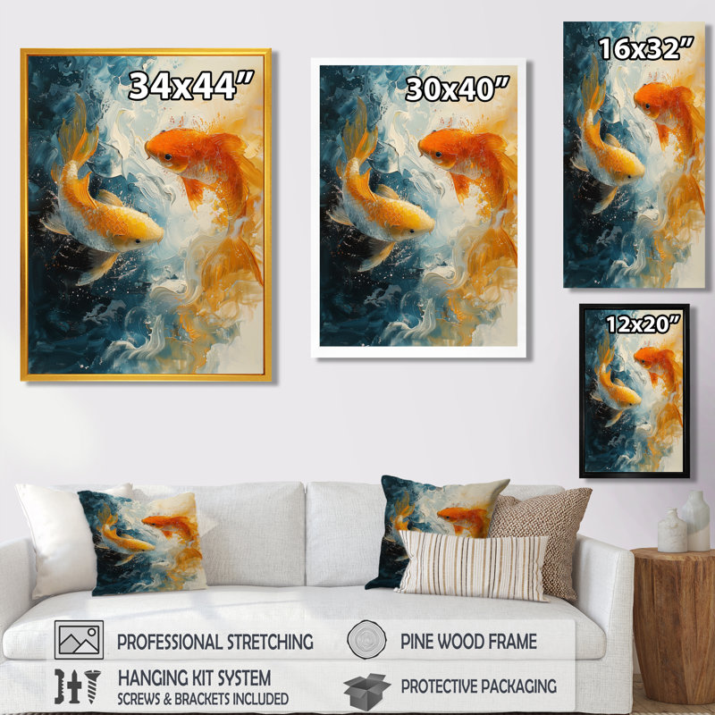 Impression d'art mural orange, vert, passionné, Poissons Koi II, H 30 po x l 40 po, Encadrement argenté