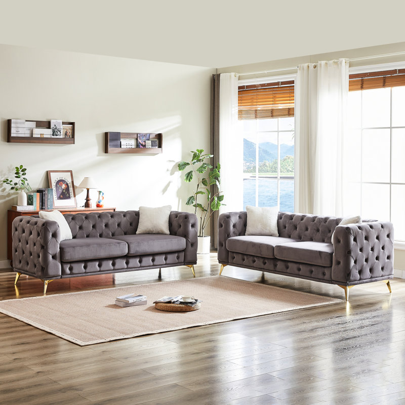 Velours à 6 places pour appartement et bureau, structure en pin massif, pieds en métal, 4 coussins assurant le confort, design moderne avec boutons à main, accoudoirs roulés, bois, mousse rétro sophistiquée