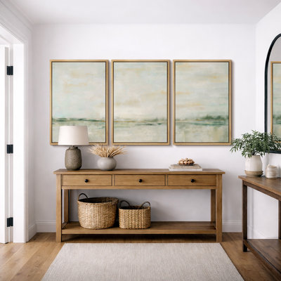 Minimal Landscape "Pastel Green & Yellow Artwork, Abstract Minimalist Illusion Living Room Wall Pictures, 3 Pieces Framed Canvas Giclee Print Wall Art" 16"x24"x3 pcs, 24"x36"x3 pcs