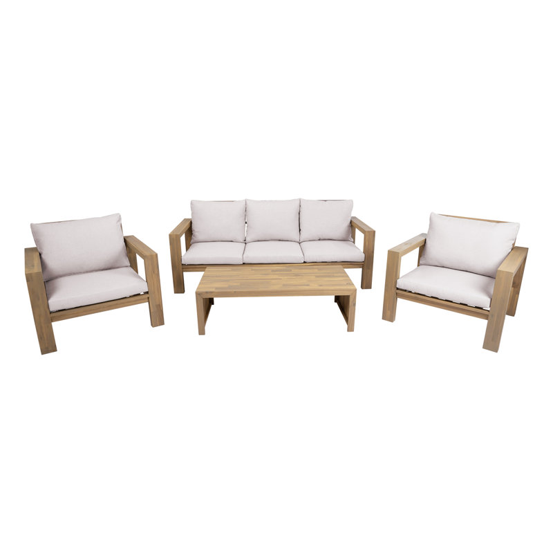 Ensemble de conversation 4 pièces 4 pièces Ensemble de conversation d'extérieur avec coussins et table basse pour le jardin, la cour, le balcon, le bord de la piscine, le teck clair et le coussin beige