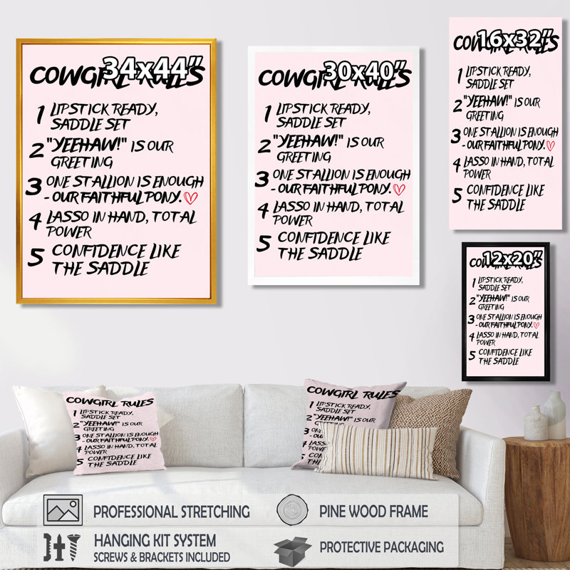 5 règles de Cowgirl - décoration murale, Toile avec cadre flottant brun, H 40 po x l 30 po x P 1,5 po