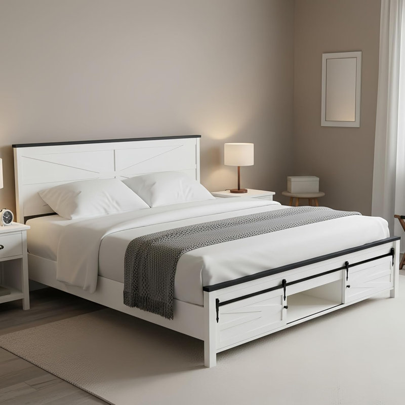 Farmhouse Platform Bed Frame with 47" Tall Barn Door Headboard, White