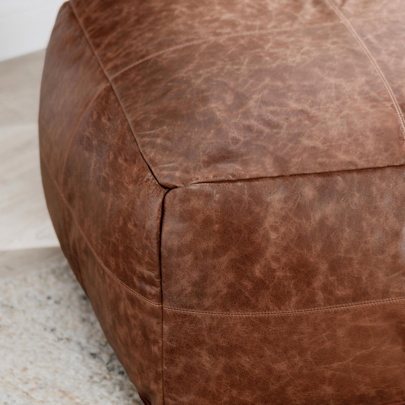 Dexter 24" Genuine Leather Pouf , Onyx Black, Kona Brown