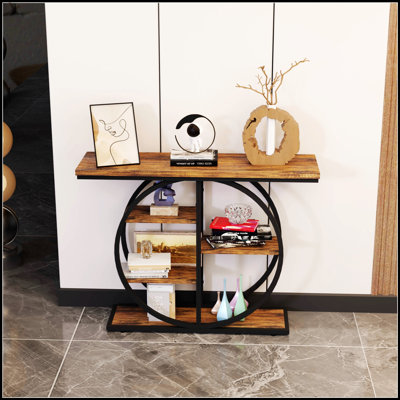 Console industrielle de 41,3 pouces avec tablettes de rangement et base circulaire, parfaite pour les vestibules et les salons