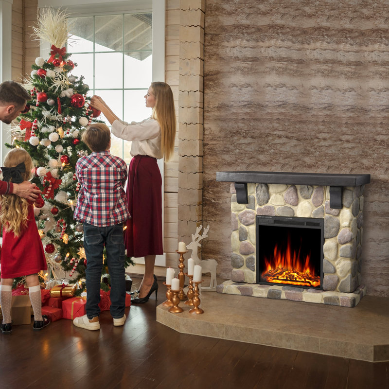 Rangler 48.5''W Faux Stone Electric Fireplace TV Stand with Adjustable Flame Brightness and Heater