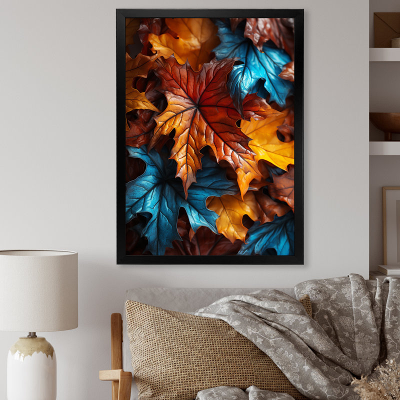 Orange et jaune feuilles d'automne - feuilles, art mural, Cadre flottant doré, H 32 po x l 16 po x P 1 po