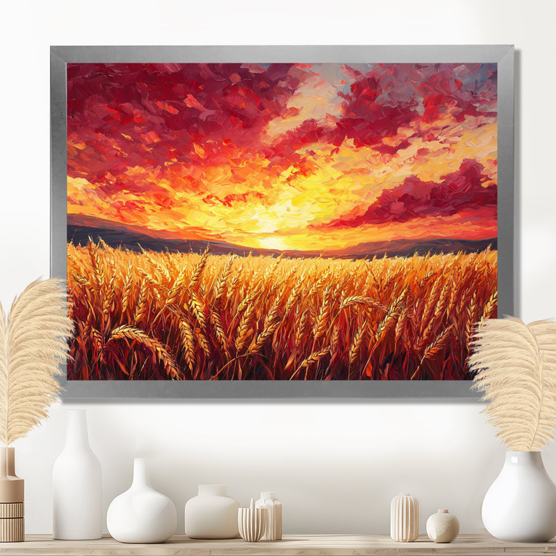 Coucher de soleil sur le champ de blé II - campagne, art encadré, H 24 po x l 32 po, Cadre simple, Argent argent