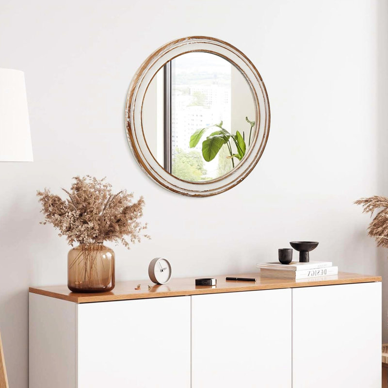 24,15 po Miroir mural rond pour bureau, chambre à coucher. Style en bois avec bord blanchi. Réflexion. Installation simple, salon, hall d'entrée. Conception de conception