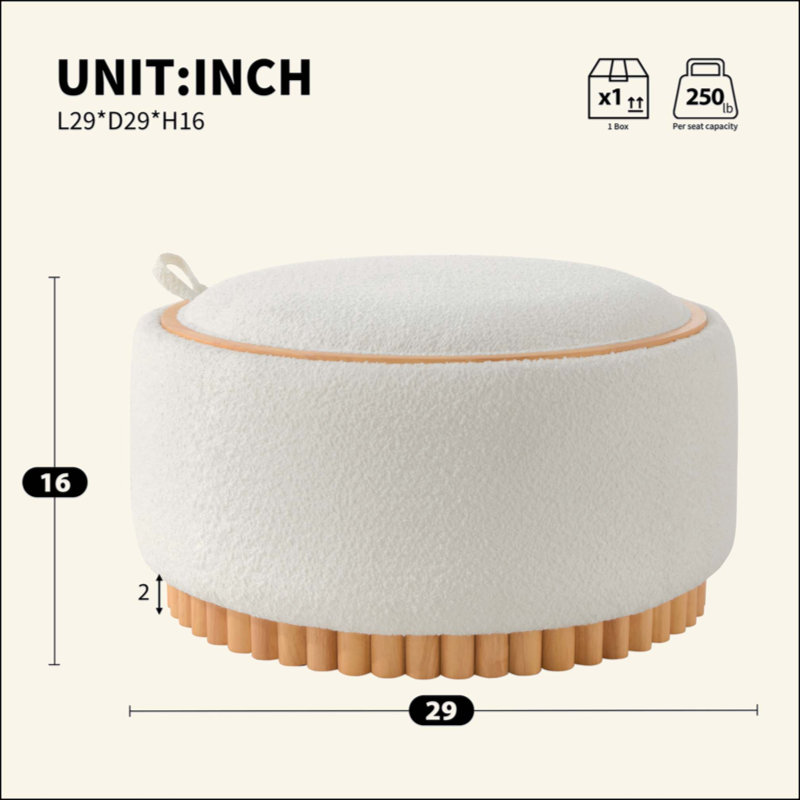 Repose-pieds rond avec pieds en bois massif, table basse moderne avec couvercle réversible, structure en bois, repose-pieds en tissu Boucle pour le salon, aucun assemblage requis