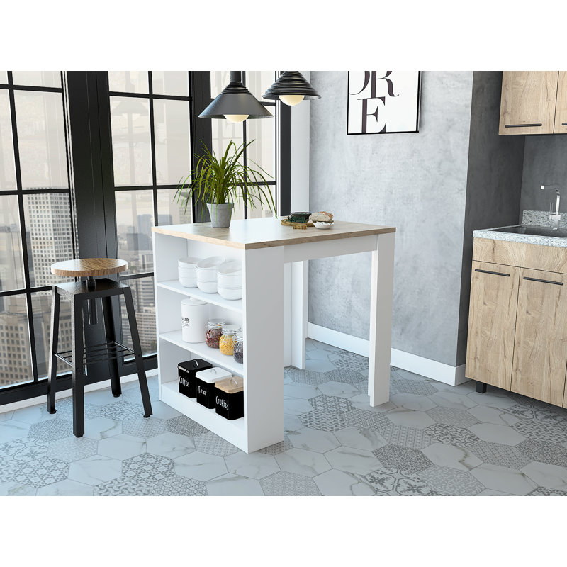 Tanna Kitchen Counter Dining Table with Three Side Shelves, Top Counter Table and Two Legs, Freestanding Kitchen Table, White