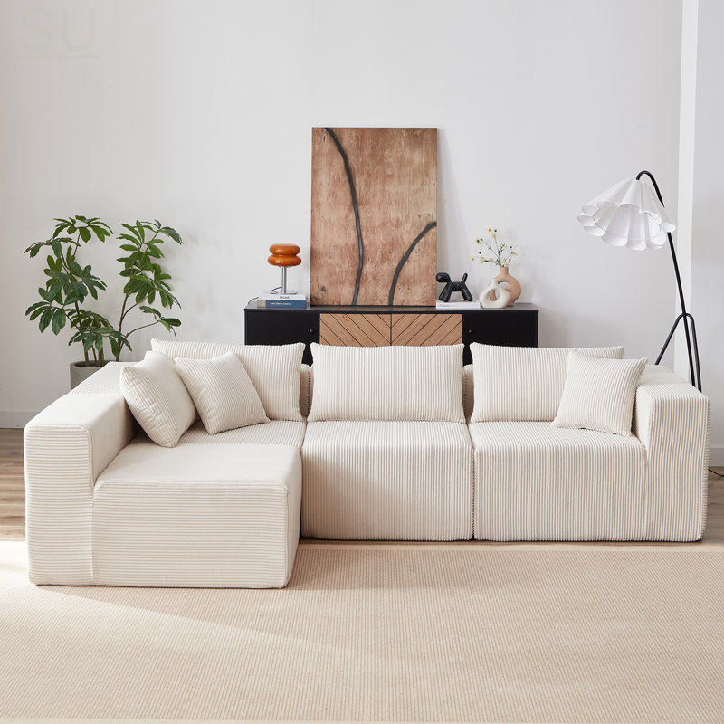 104-Inch Corduroy Modular L-Shaped Sectional Sofa, Luxury Floor Couch Set, Upholstered Indoor Furniture, Foam-Filled Compressed Sofa For Living Room And Bedroom, 4 PC Free Combination