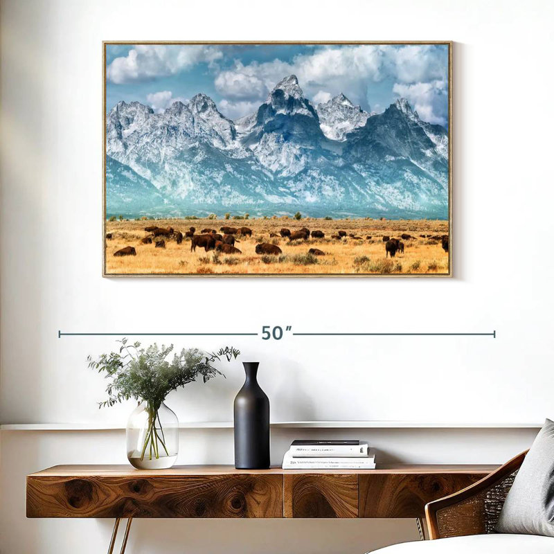 Troupeau de bisons à Grand Teton, Cadre flottant en bois naturel, 40 po x 27 po