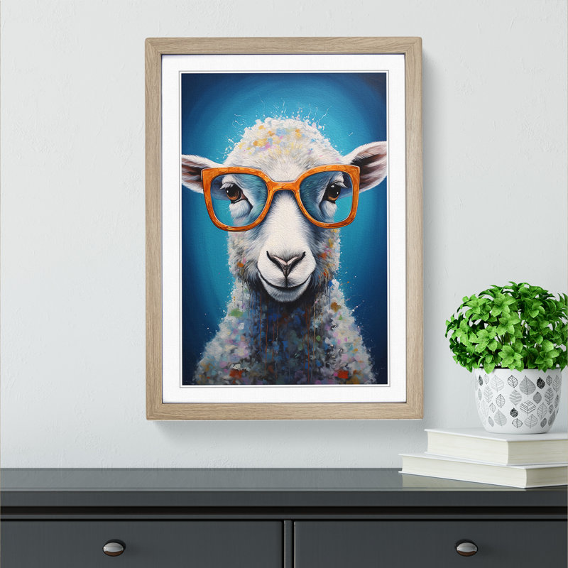 Sheep with Glasses Painting - Framed Print, Oak , 64cm H x 46cm W x 2cm D