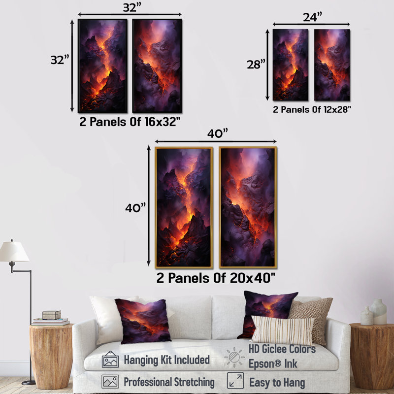 Volcano Volcanic Glow - Volcano, ensemble de 2 reproductions d'art sur toile, H 28 po x l 25 po, Toile tendue