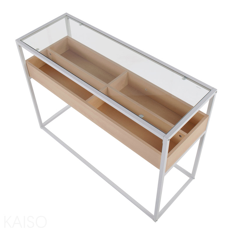Console contemporaine, métal, bois, verre pour le salon - blanc / naturel