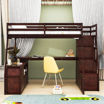 Full Seven Drawers Loft Bed Built-In Desk And Shelves by Harriet Bee