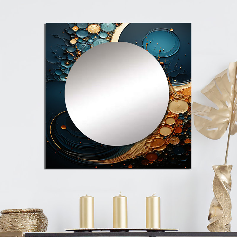 «Gold Teal Abstract Spirals II», art mural abstrait à miroir carré pour salle de bain, 36 po x 36 po