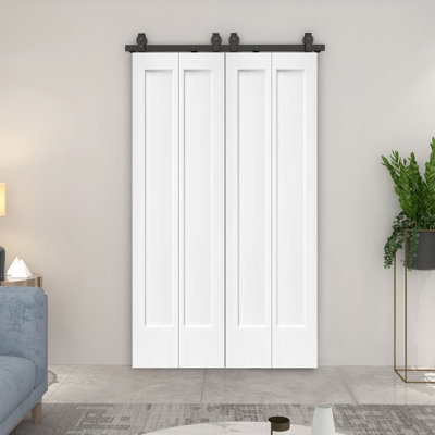 Porte de grange double pliante 60 po x 80 po à 1 panneau en composite apprêté avec quincaillerie coulissante | Idée de cadeau