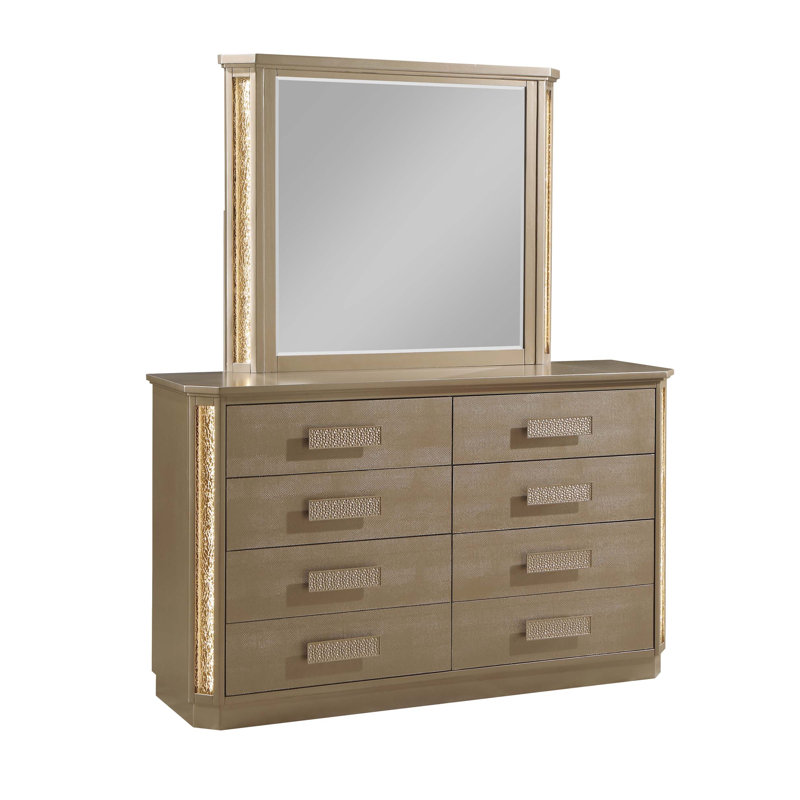 Commode à six tiroirs Medusa avec lumière DEL, finition luxueuse en peau de serpent dorée et cuivrée pour un rangement élégant