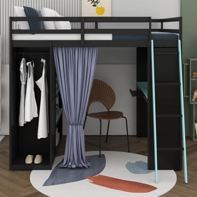 Full Size Loft Bed With Desk And Storage, All-In-One Wood Loft Bed With Wardrobe, Shelves, Blackout Curtains And RGB Lights