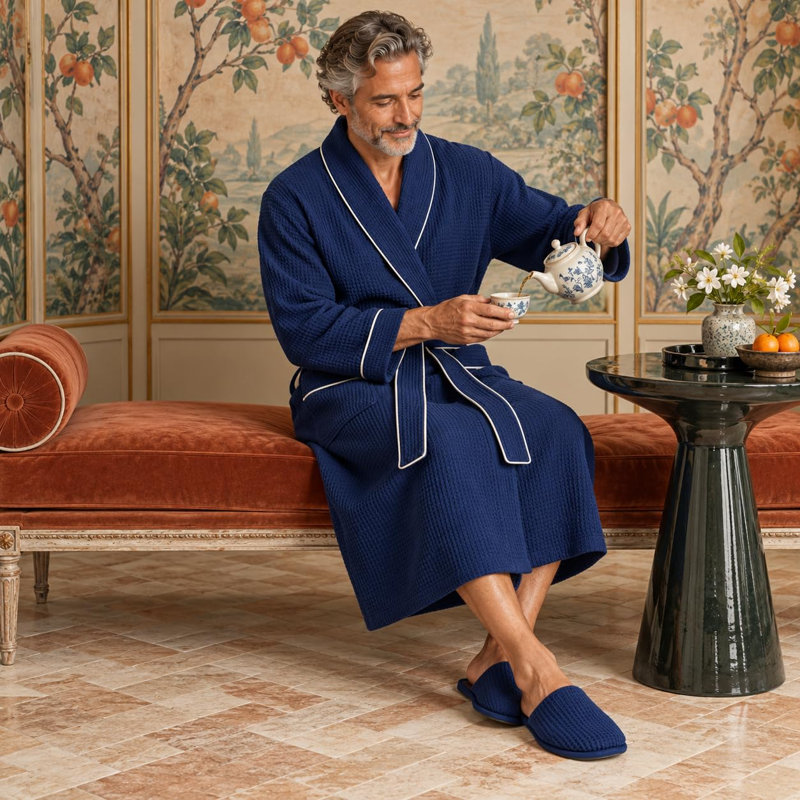 Peignoir gaufré LOTUS LINEN, TG, Bleu marine