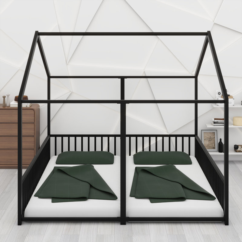 Metal House Platform Bed with Open Concept Design, Black