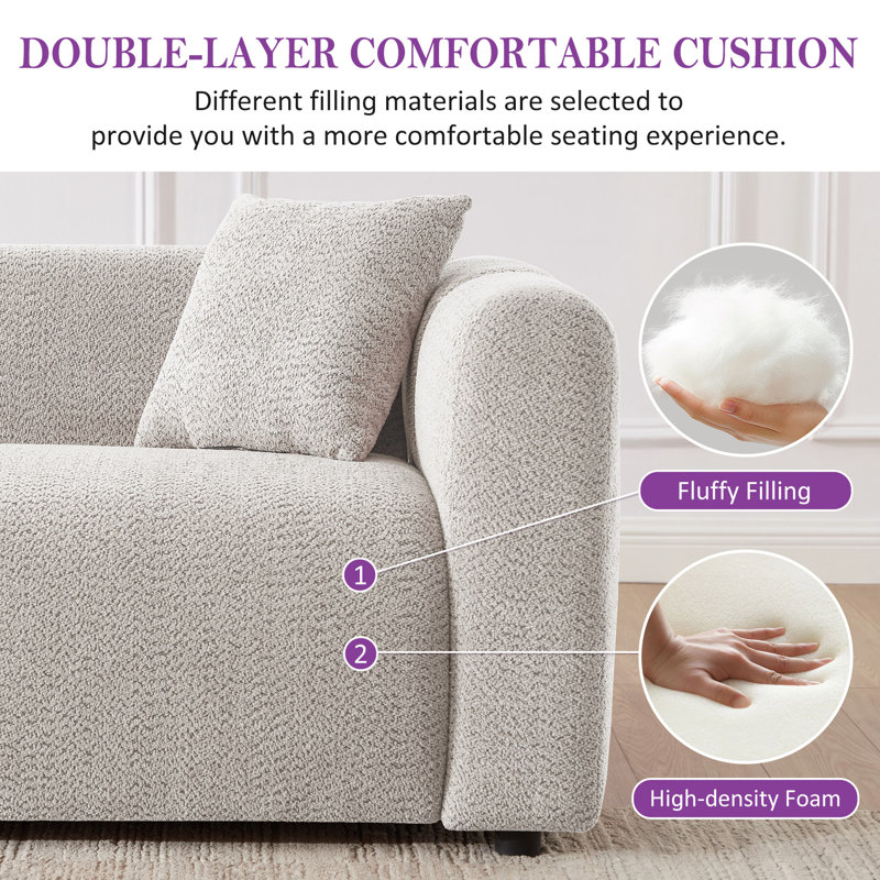 Jasey 95.28 Inch Boucle Upholstered Sofa, Light Khaki