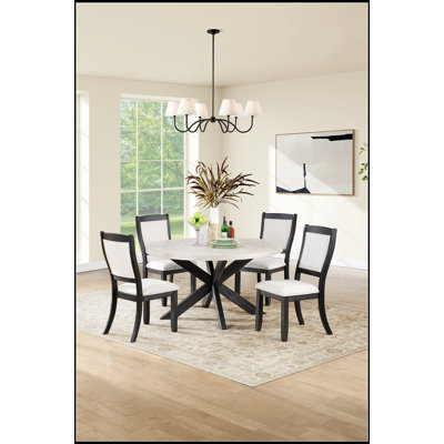 Transitional Round Solid Wood Dining Table Set With Four Chairs And Elegant Oak Veneer Finish For Intimate Gatherings