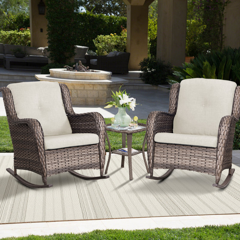 Ensemble de conversation 3 pièces avec chaise berçante et coussins beiges, Beige