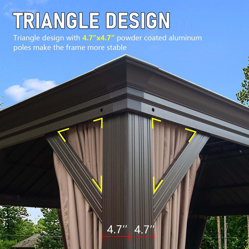 Hardtop Gazebo, Outdoor Gazebo with Galvanized Steel Double Roof, Aluminum Frame, Built-in Gutter System, Curtain and Netting, Metal Gazebo Pavilion for Patio Deck Garden