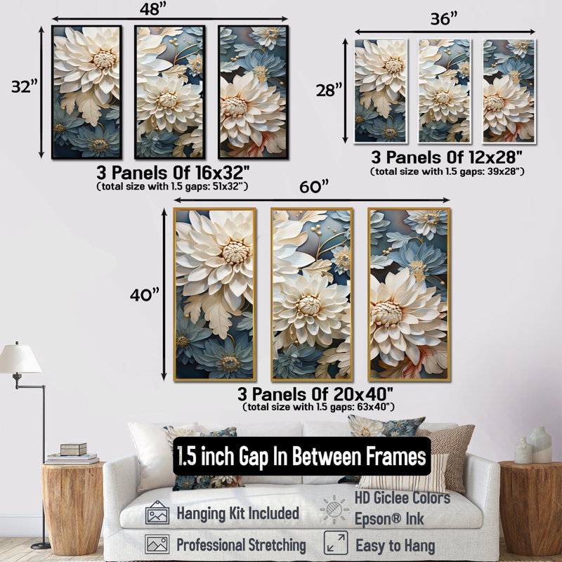«Chrysanthemums White Blue Mosaic Garden IV - Chrysanthemums», ensemble d'art sur toile, Cadre naturel flottant