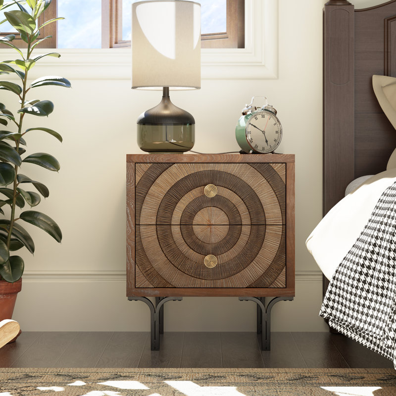 Irida Farmhouse Accent Wooden 2-Drawer Nightstand With Circle Pattern And Radioactive Wood Lines