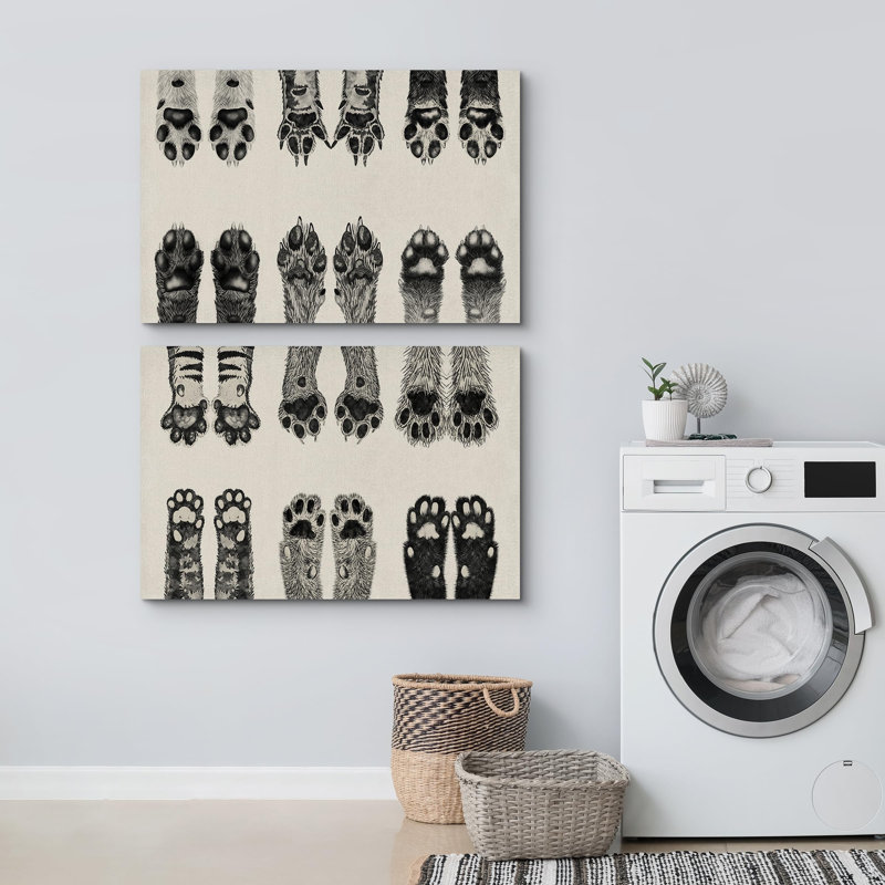Animaux, chien et chat, mignonnes pattes d'animaux, décor de chambre de bébé rétro - 2 pièces, Toile tendue