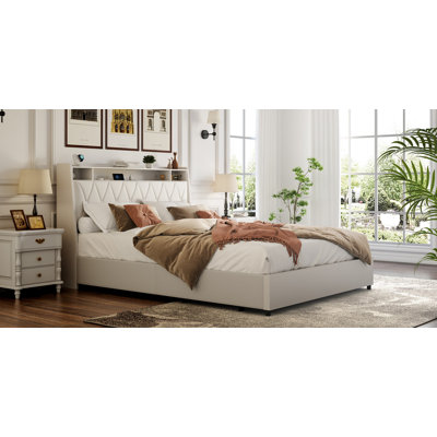 Bed Frame with 2-Tier Storage Adjustable Headboard & Charging Station, Solid and Stable, No Box Spring Needed, Noise Free, Easy to Assemble