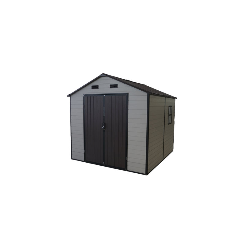 Remise de rangement en résine de 8 pi x 8 pi avec fenêtres, structure en aluminium et plancher robuste, idéale pour les décorations saisonnières outils de jardin, cadre et cour arrière de 8 pi x 8 pi x 7,6 pi brun antique et blanc