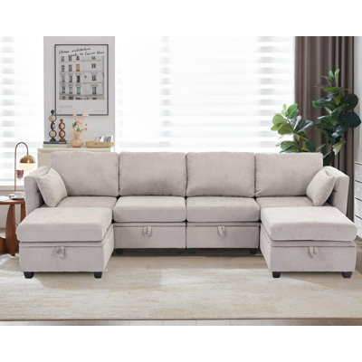 U-Shaped Sectional Sofa Couch With Storage Seats, Adjustable Backrest & Armrest by Ebern Designs