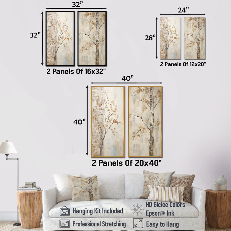 Minimalisme Sycamore beige arbre solitude - ensemble de 2 décorations murales sycomore, Cadre flottant brun