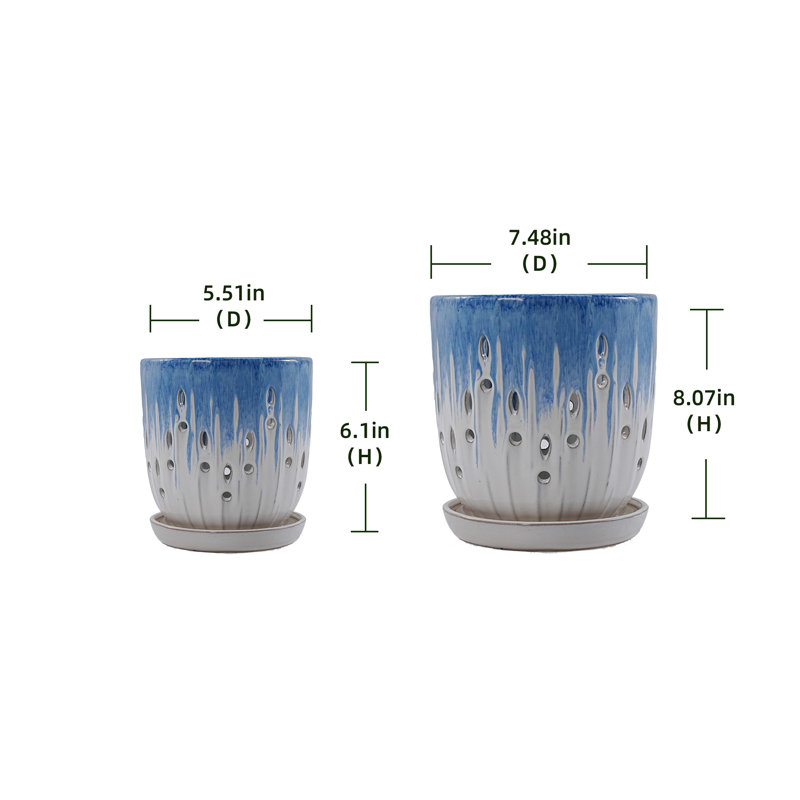 Ensemble de 2 pots de fleurs décoratifs pour l'intérieur et l'extérieur de 7 po, Bleu / blanc antique