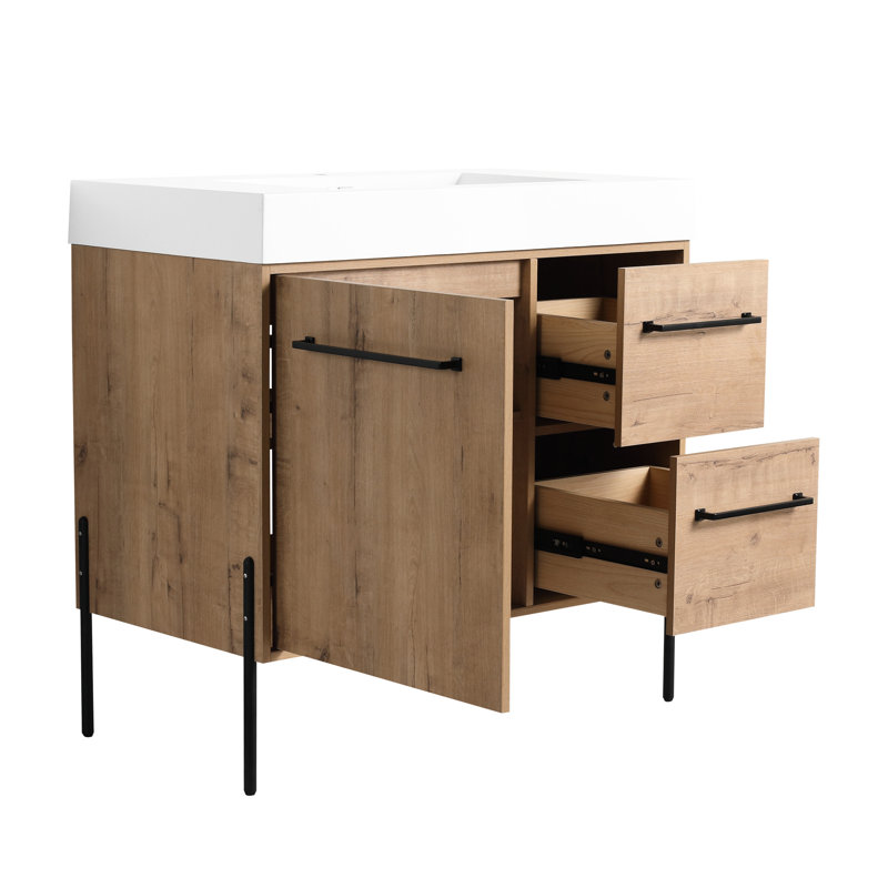 Meuble-lavabo de 36 po avec tiroirs à fermeture en douceur, lavabo en résine blanche et finition imitation chêne