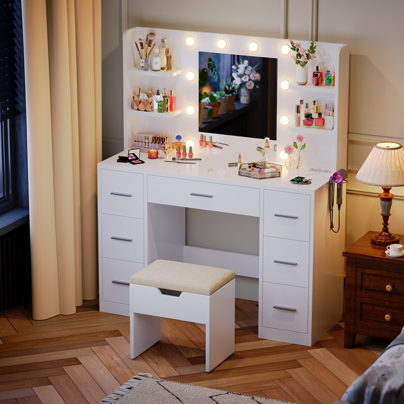 110cm Dressing Table With Power Outlet And Dryer Hook Modern Bulb Light Makeup Vanity, White