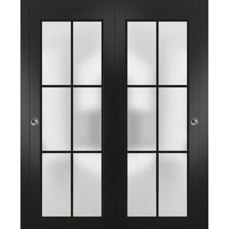 Portes coulissantes de placard avec quincaillerie Planum 2122 Noir mat avec verre dépoli Rails robustes Moulures Garnitures Ensemble de quincaillerie Portes de placard de chambre modernes en bois massif - 36" x 96" (2* 18x96)